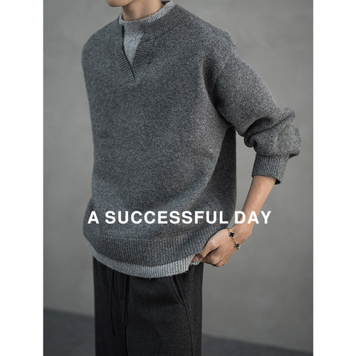 ASSDY|绵羊毛900G重磅慵懒风假两件双层V领毛衣男2025冬针织线衫