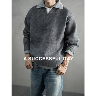 绵羊毛900G翻领假两件毛衣男休闲针织线衣 ASSDY 呼呼严选专享