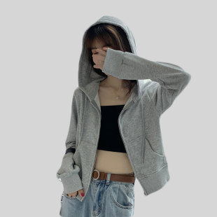 超好看的连帽打底衫hiphop街舞穿搭女生卫衣薄款短款卫衣拉链外套