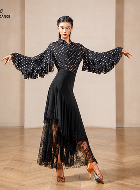 MT809 东鑫舞服 [法式甜心] 摩登喇叭袖波点上衣荷叶边国际表演服