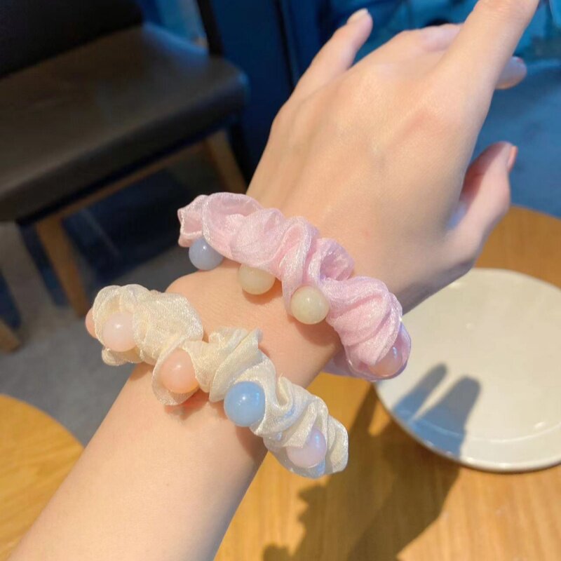 甜美女童头绳可爱绢纱小肠发圈高弹力皮筋彩珠不伤发公主丸子头绳