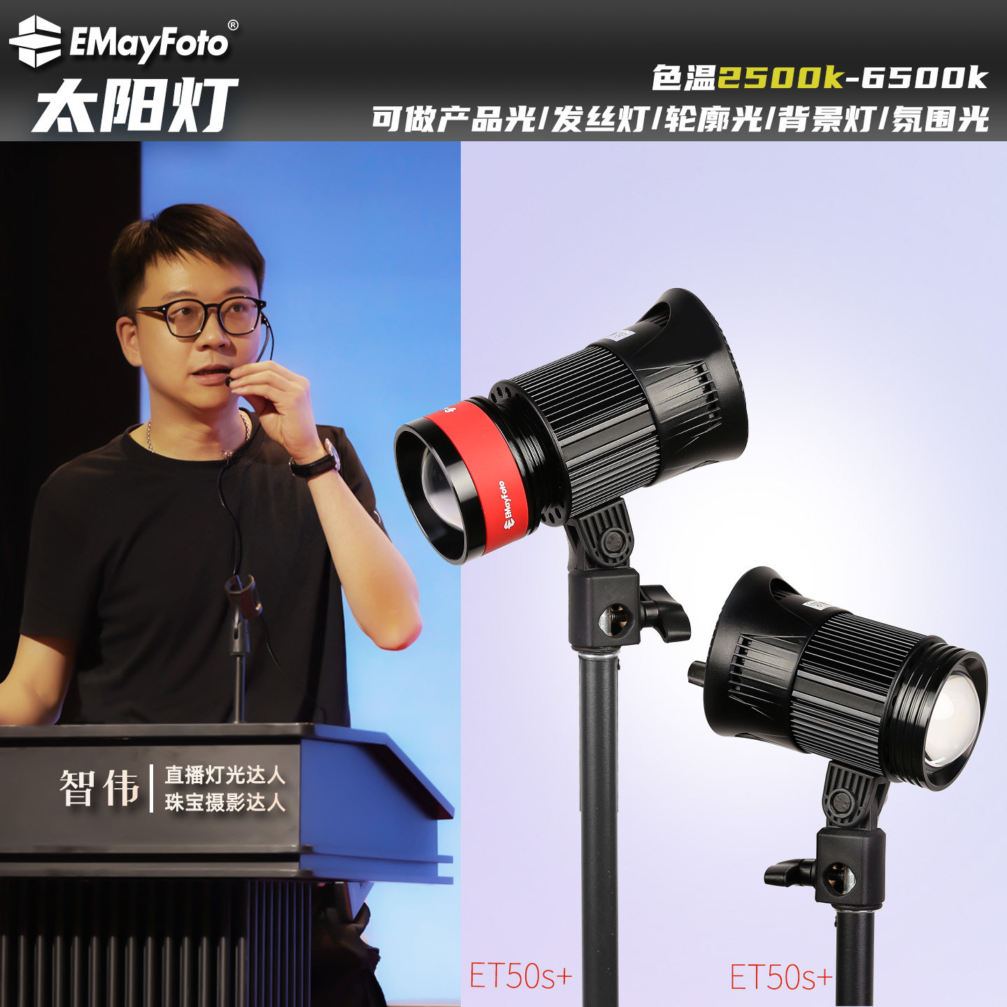 智伟推荐ej50太阳灯拍摄硬光灯直播氛围灯发丝轮廓光拍摄暖光射灯