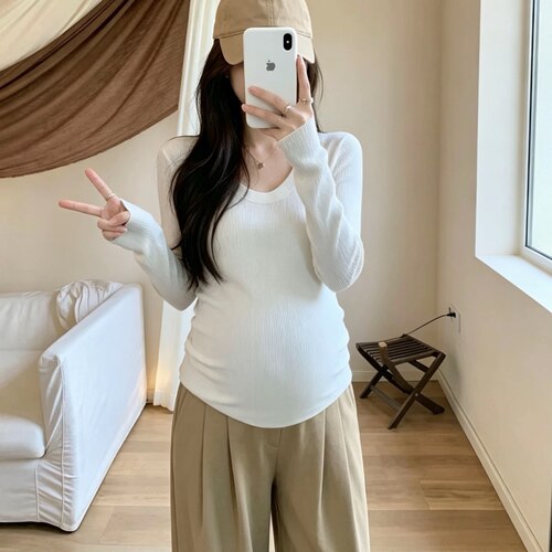 孕妇装春秋新款纯欲风u领针织衫长袖宽松显瘦百搭休闲打底衫上衣