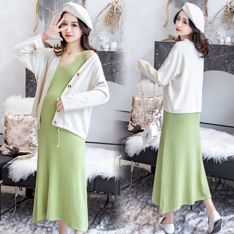 임산부 니트 카디건 투피스 세트 가을 유행 엄마 패션 코트 중간 길이 느슨한 조끼 드레스 슈트