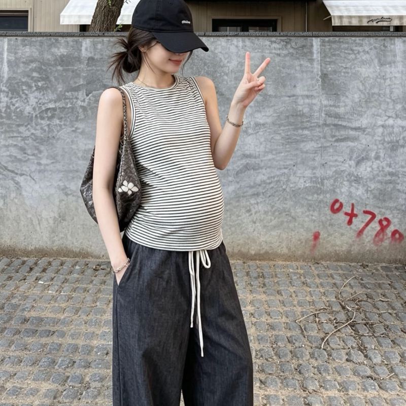 孕妇装无袖条纹吊带背心2026夏季新款时尚宽松显瘦小个子怀孕上衣