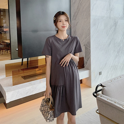 孕妇T恤裙纯棉夏天2024新款皱褶小个子短袖宽松拼接时尚款连衣裙