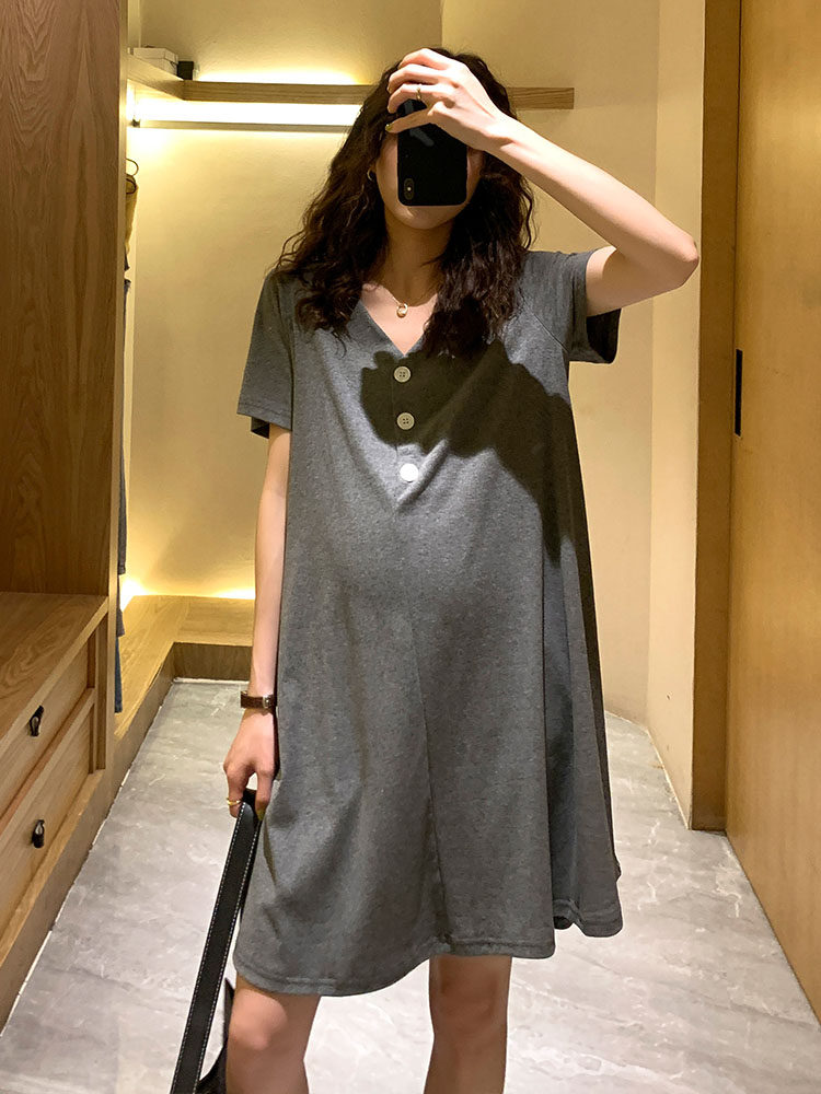 孕妇夏装纯棉T恤裙子大码V领韩版宽松潮妈小个子时尚款短袖连衣裙