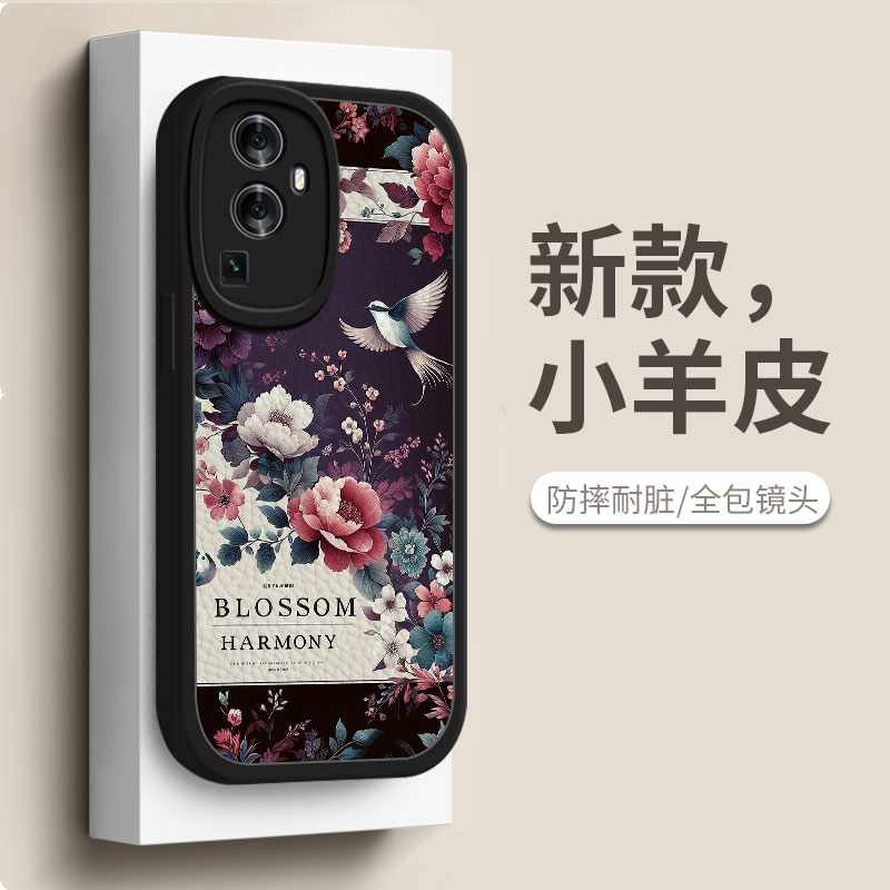 opporeno10手机壳小羊皮飞鸟与花