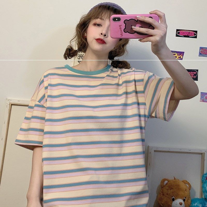 Rainbow stripe Short sleeved T-shirt 2020 Korean version of the loose ins The tide of students Harajuku bf Yafeng half sleeve clothesin the Play mode/Anime/Periphery/cos/Board games ,  Cosplay Apparel/Props/Service ,  Cosplay Women  category - from Buy2taobao.com to provide professional Taobao agent buy service