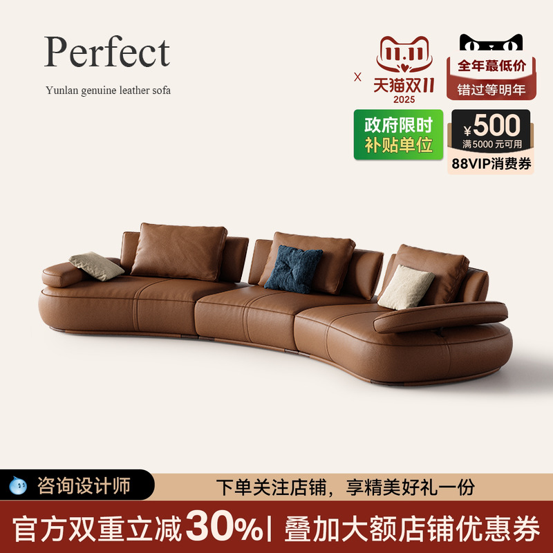 诚骏 豪华别墅客厅家用多功能电动沙发现代简约弧形棕色真皮沙发