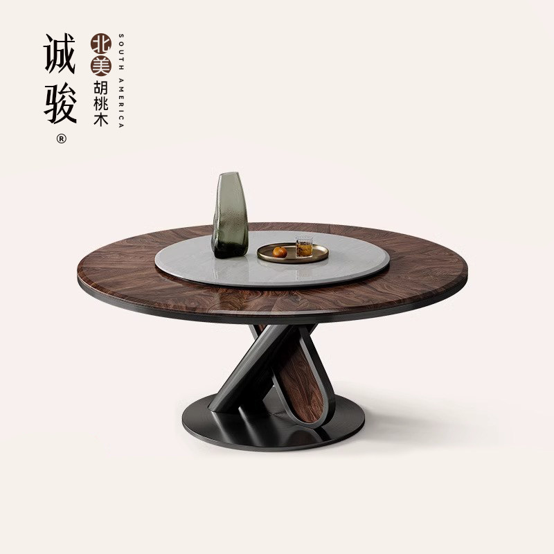 诚骏北美黑胡桃实木圆餐桌带转盘别墅全屋搭配白蜡木意式轻奢餐桌