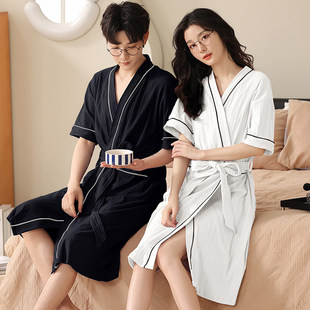 夏天情侣可爱中长款浴衣女款浴袍夏季短袖男士薄款纯棉睡袍家居服