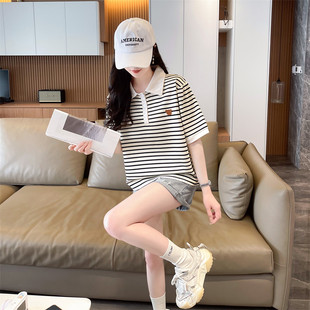 条纹polo衫短袖t恤女夏装2025新款宽松大码小个子翻领设计感上衣