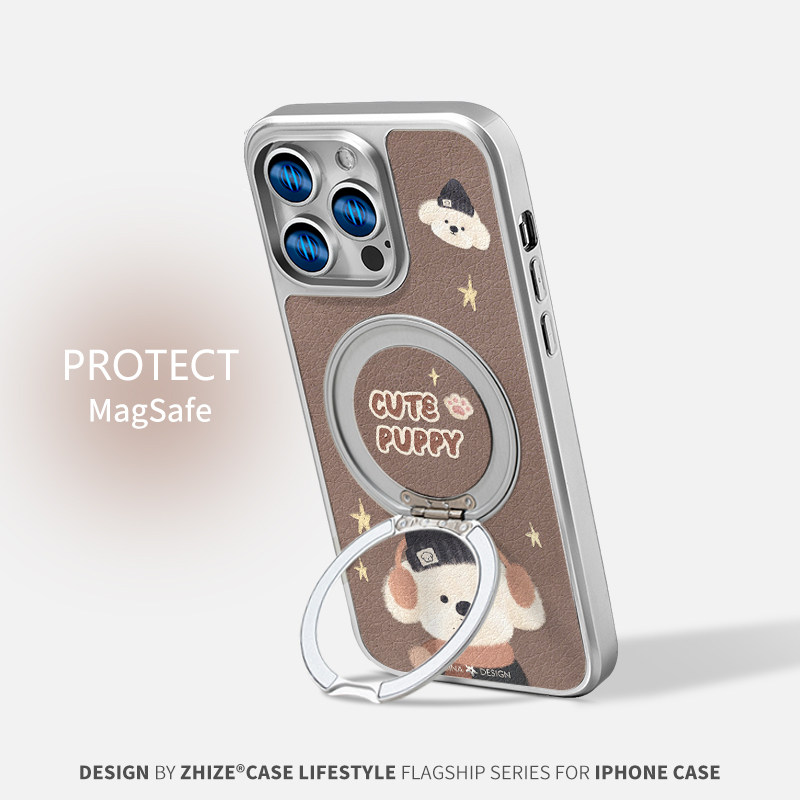 棕色可爱狗狗适用于苹果17Promax手机壳ip15卡通全包16Pro防摔磁吸15Promax仿皮支架超薄ip14迪士尼联名