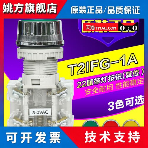 原装正品天得tend带灯平头按钮开关T2IFG-1C22mm带灯复位启动开关