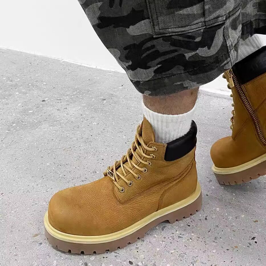 真皮马丁靴男女高帮2025春季新款英伦风厚底增高加绒工装靴大黄靴