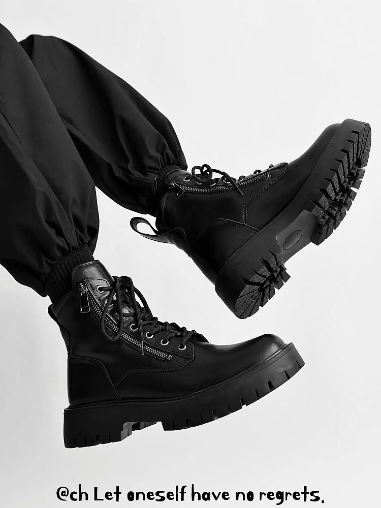 靴子男士英伦风格高底厚底增高摩托车工作靴真皮黑色高帮皮鞋