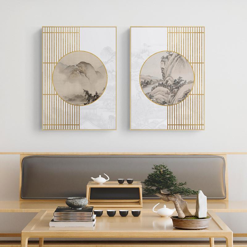 新中式客厅装饰画创意简约办公室挂画餐厅荷花禅意茶室背景墙壁画图片