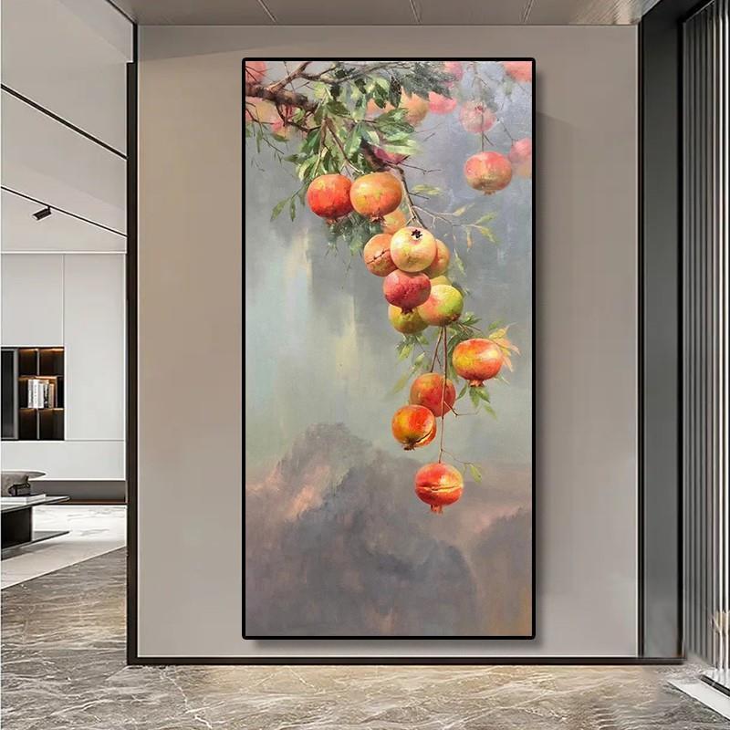 纯手绘水果石榴玄关装饰画新中式寓意好多子多福油画客厅墙壁挂画图片