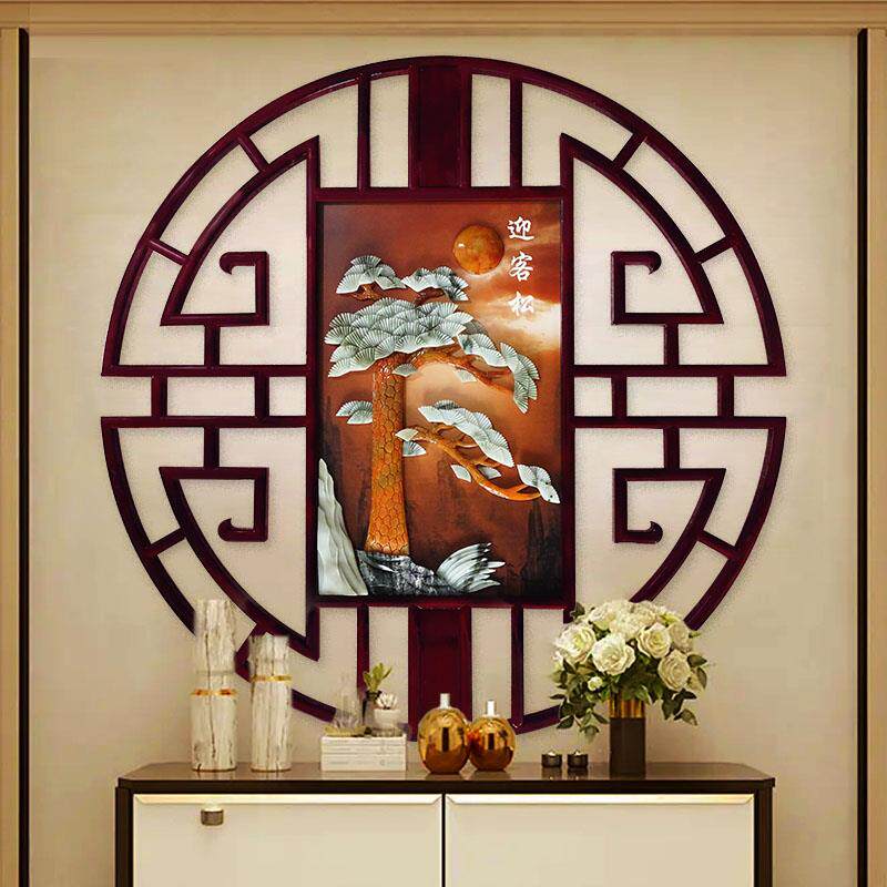A6L新中式圆形装饰画入户玄关五福临门餐厅实木雕壁画玉石画玉雕