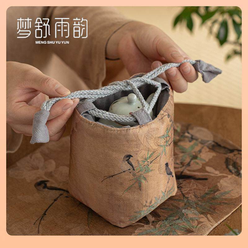 ◁香云纱竹禽图快客杯收纳袋户外便携旅行茶具茶壶盖碗茶杯收纳,餐饮具,整套茶具,淘宝优惠券,粉丝福利购,淘宝优惠卷