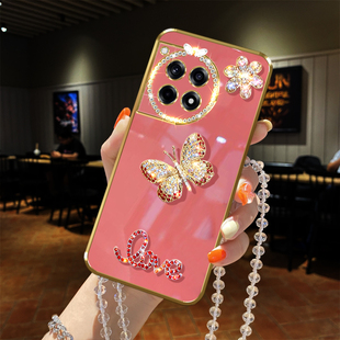 适用oneplus一加Ace3手机壳5G闪钻12R镶水钻PJE110彩色蝴蝶pro镜头全包边电镀挂绳链子女款 软防摔保护套奢华