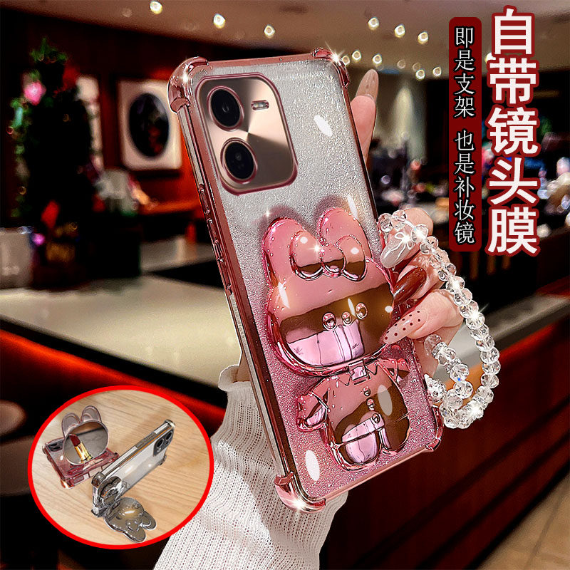 新品适用vivo y37手机壳透明5G四角气囊pro防摔V2357A自带镜头膜V2354A全包保护套女款小兔支架补妆镜子软胶