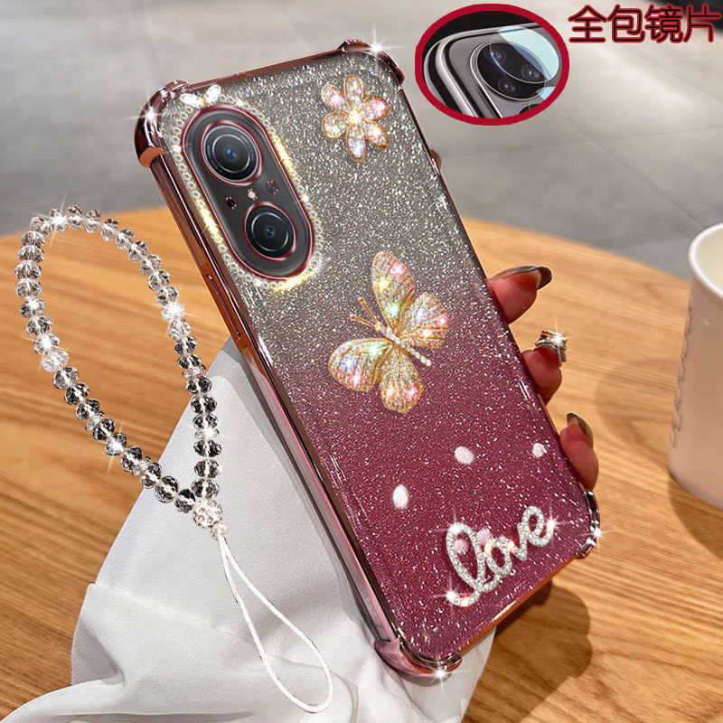 适用荣耀50se手机壳5G气囊透明闪粉镶钻JLH-AN00蝴蝶Hi华为nova9se带镜头膜全包电镀女款软硅胶防摔保护套新
