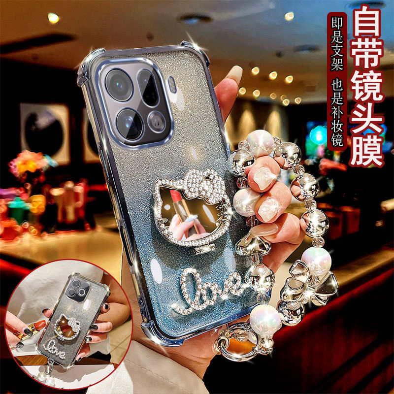 适用于OPPO Findx9pro手机壳PLG110四角气囊防摔保护套闪钻KT猫支架镜子镜头全包边女款时尚网红潮流加厚款