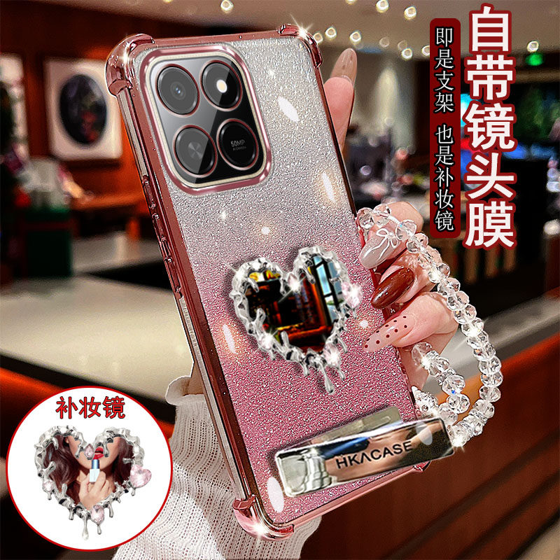 适用于荣耀畅玩80pro手机壳400Smart透明LOG-AN10四角LGN-NX1防撞气囊防摔镜头膜全包女款水滴爱心补妆镜支架