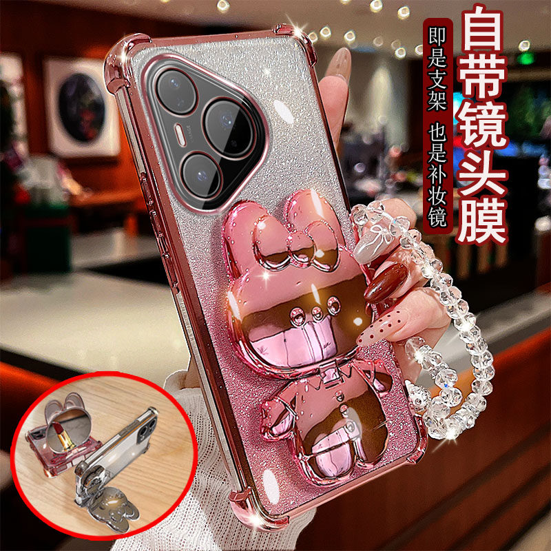 新品适用华为Pura90手机壳pro透明proMax四角气囊防摔自带镜头膜全包保护套女款小兔支架补妆镜子软胶网红