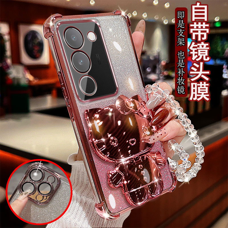 适用vivo s17手机壳E透明pro气囊防摔V2283A一体镜头膜全包边保护套女士新款小猫支架带镜子软硅胶可爱网红