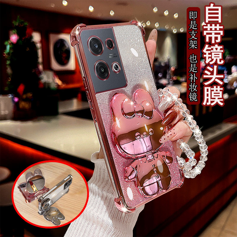 新品适用OPPO Reno8手机壳Reno9透明四角气囊pro+防摔带镜头膜全包保护套女款可爱小兔支架补妆镜子软胶创意