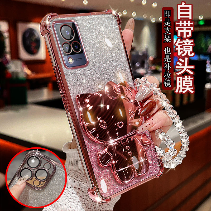 适用vivo s9手机壳透明气囊防摔s9e一体镜头膜全包边V2072A保护套女士新款小猫支架带镜子软硅胶可爱网红奢华
