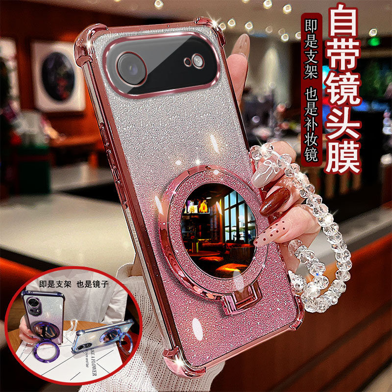 适用苹果17Air手机壳透明四角防撞气囊防摔镜头膜全包边保护套女款带圆形支架镜子新品奢华网红奢华