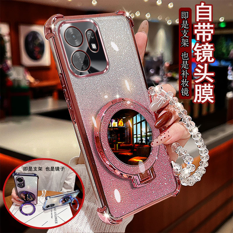 适用荣耀畅玩80手机壳畅玩60A透明LOG-AN00四角NLA-AN00防撞气囊防摔镜头膜全包边保护套女款带圆形支架镜子