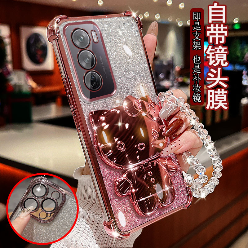 适用OPPO Reno12手机壳pro透明5G气囊防摔PJV110镜头全包边PJW110保护套女新款小猫支架带镜子软硅胶创意个性