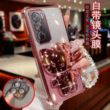适用OPPO Reno12手机壳pro透明5G气囊防摔PJV110镜头全包边PJW110保护套女新款小猫支架带镜子软硅胶创意个性