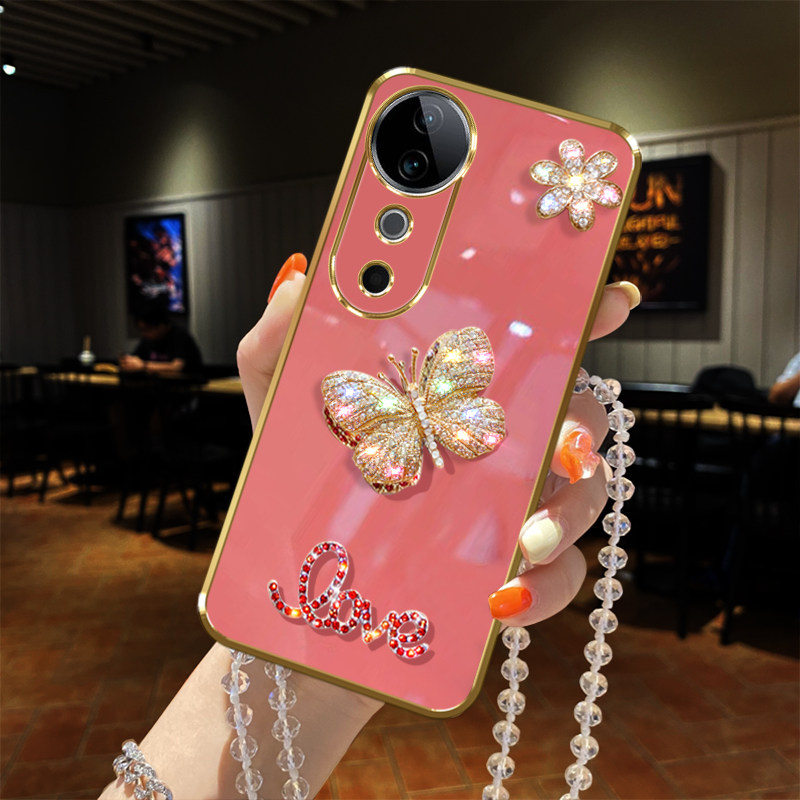 适用vivos19手机壳pro闪镶钻5G奢华vivo s19蝴蝶镜头全包直边电镀水晶挂绳链子女款软硅胶防摔保护套时尚新品