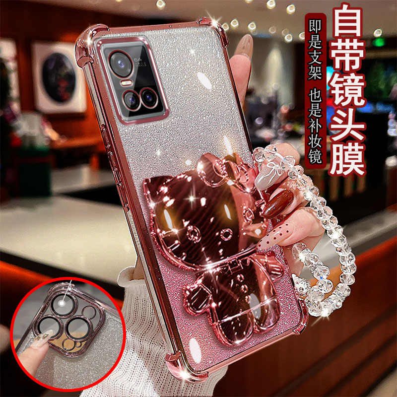 适用vivo s10手机壳透明气囊防摔vivo s10pro一体镜头膜全包边保护套女士新款小猫支架带镜子软硅胶可爱