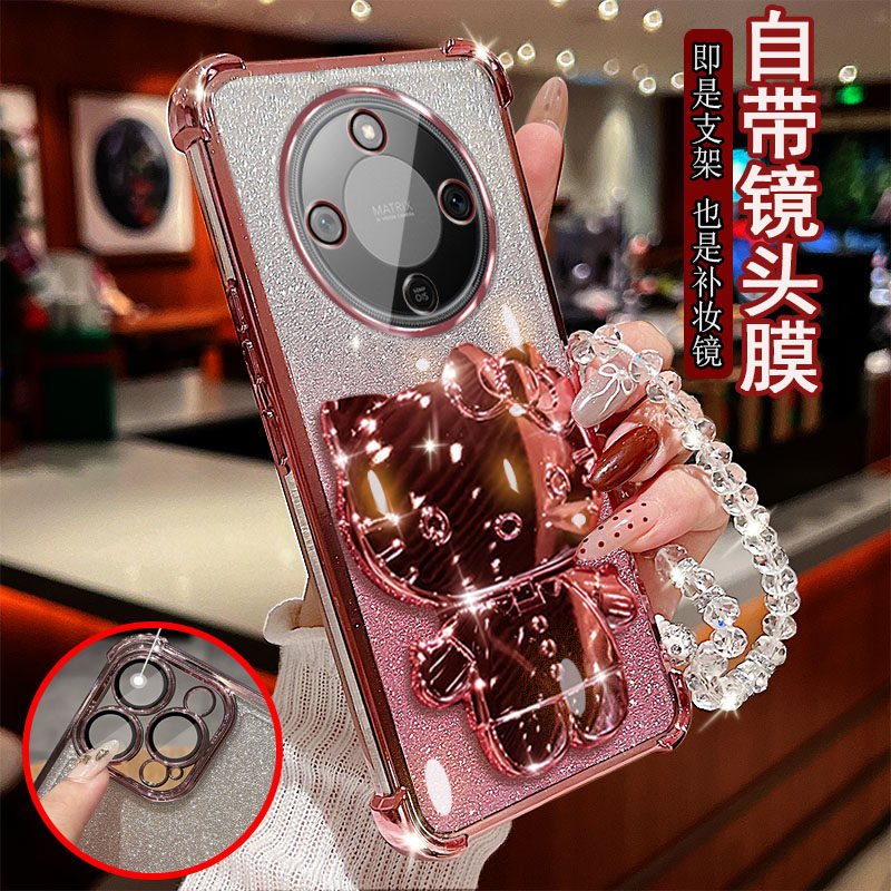 适用荣耀x70手机壳透明四角气囊防摔镜头全包边MTN-ANOO保护套女新款小猫支架带化妆镜子软胶时尚网红高级