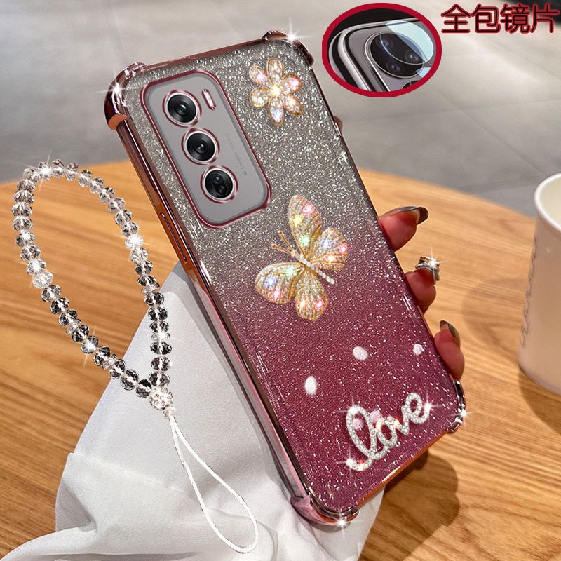 适用OPPO Reno12手机壳5G气囊Reno11透明闪粉镶钻pro蝴蝶PJV110带镜头膜全包PJH110电镀女款软硅胶防摔保护套