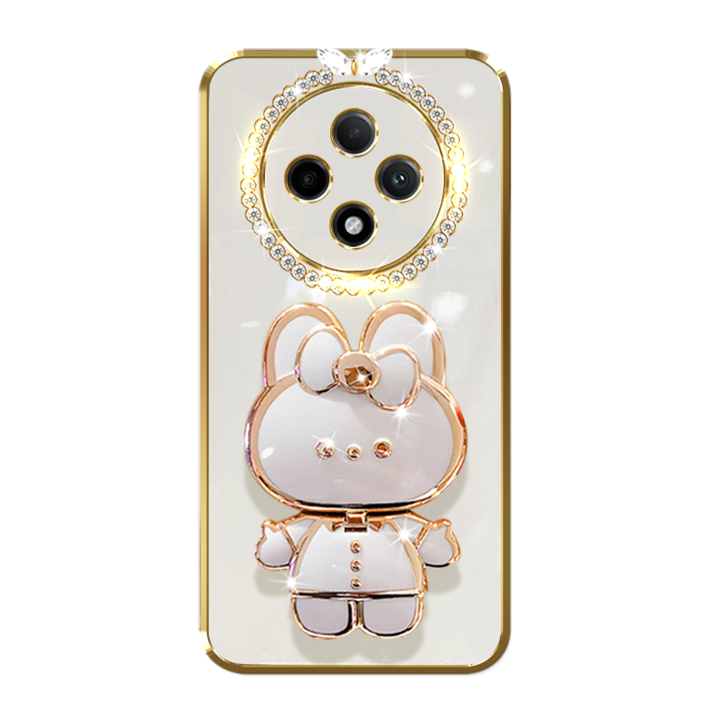 适用OPPO A3Pro手机壳5G小兔化妆镜子A3桌面支架横竖支撑直边电镀防摔时尚奢华保护套镶钻手链软硅胶镜头全包