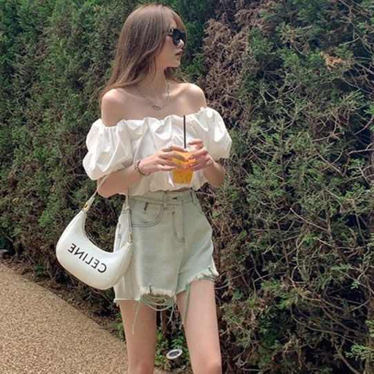 chic泡泡袖露肩衬衣女设计感短款修身上衣夏季一字肩高级感衬衫潮