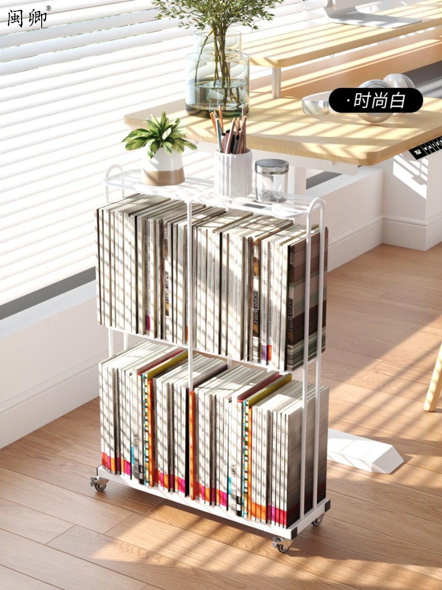 移动书架桌边收纳架窄缝落地小书架课桌旁学生学习书本带轮置物架