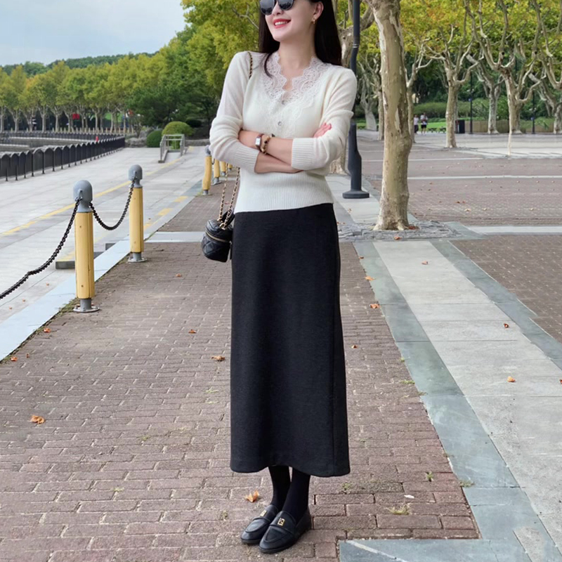 黑色羊毛呢半身裙女中长款直筒裙