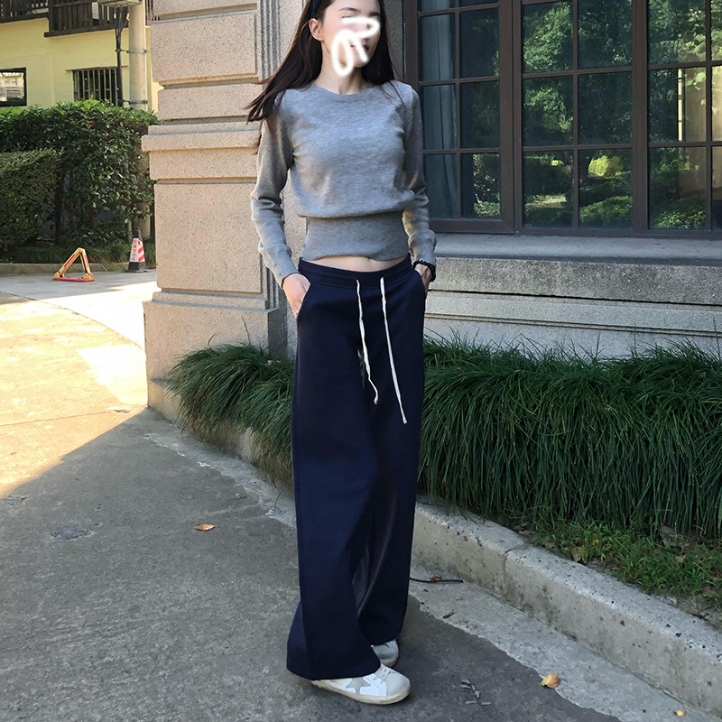 藏青色休闲裤女秋冬新款低腰显瘦直筒阔腿裤宽松百搭运动卫裤长裤