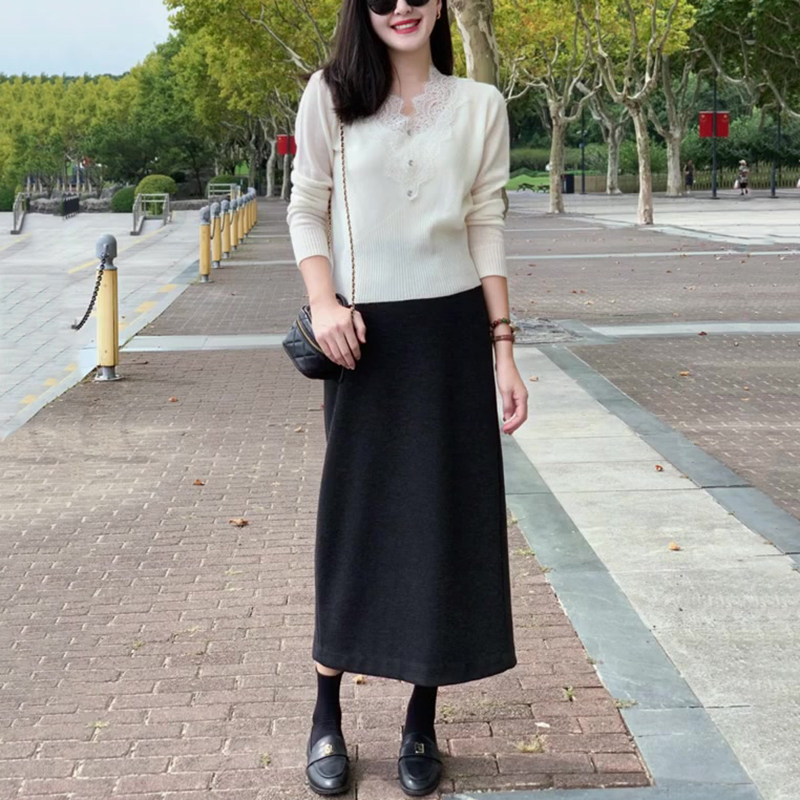 醋酸毛呢半身裙女秋冬高腰中长裙