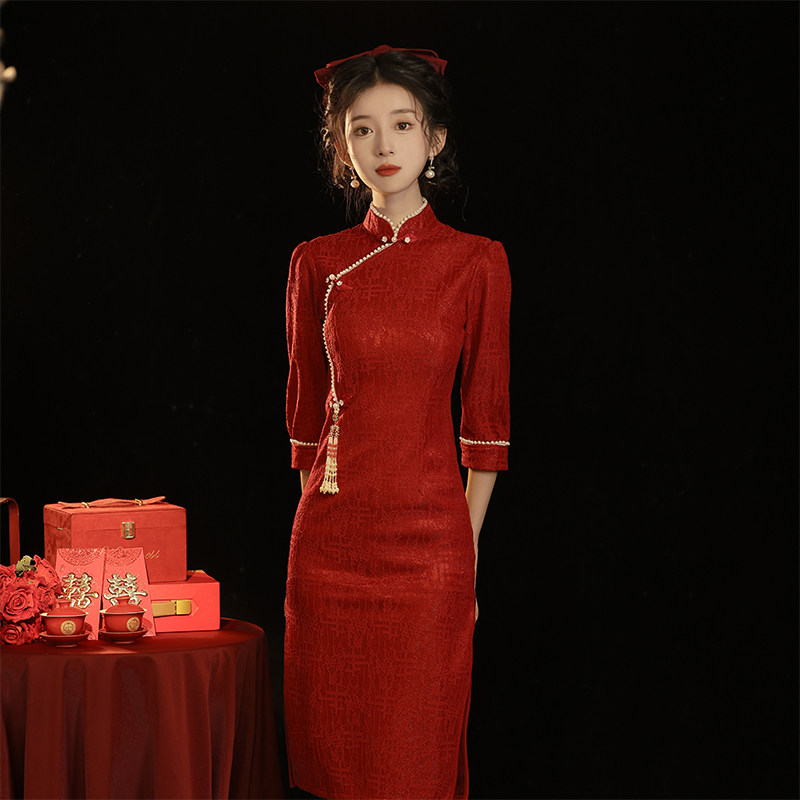 红色旗袍女2023新款订婚礼服裙结婚新娘敬酒服回门连衣裙夏新中式