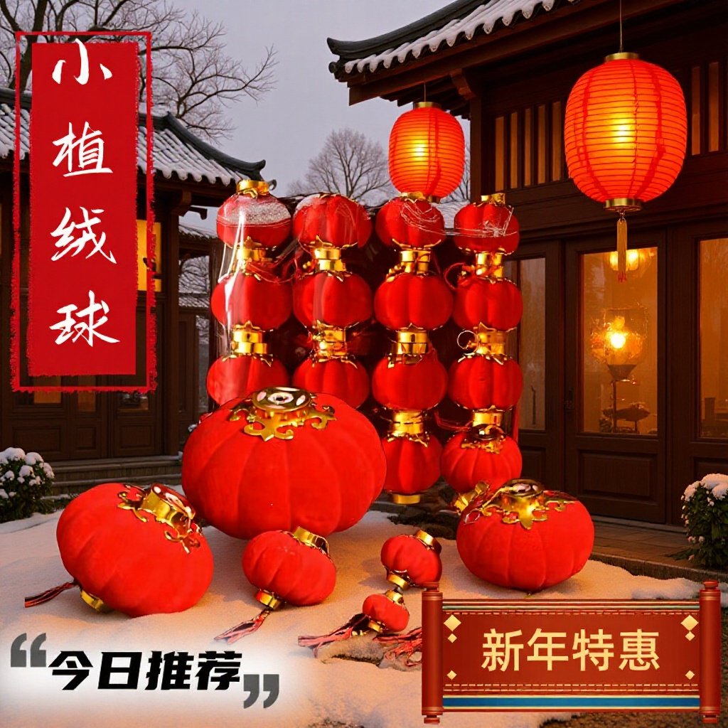 新年过年婚房布置小植绒灯笼串